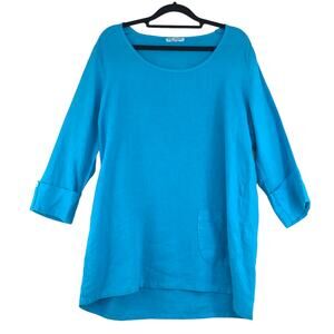 Russ Berens Size M Linen Top Tunic Pocket Pullover USA Tab Sleeve Capri Blue